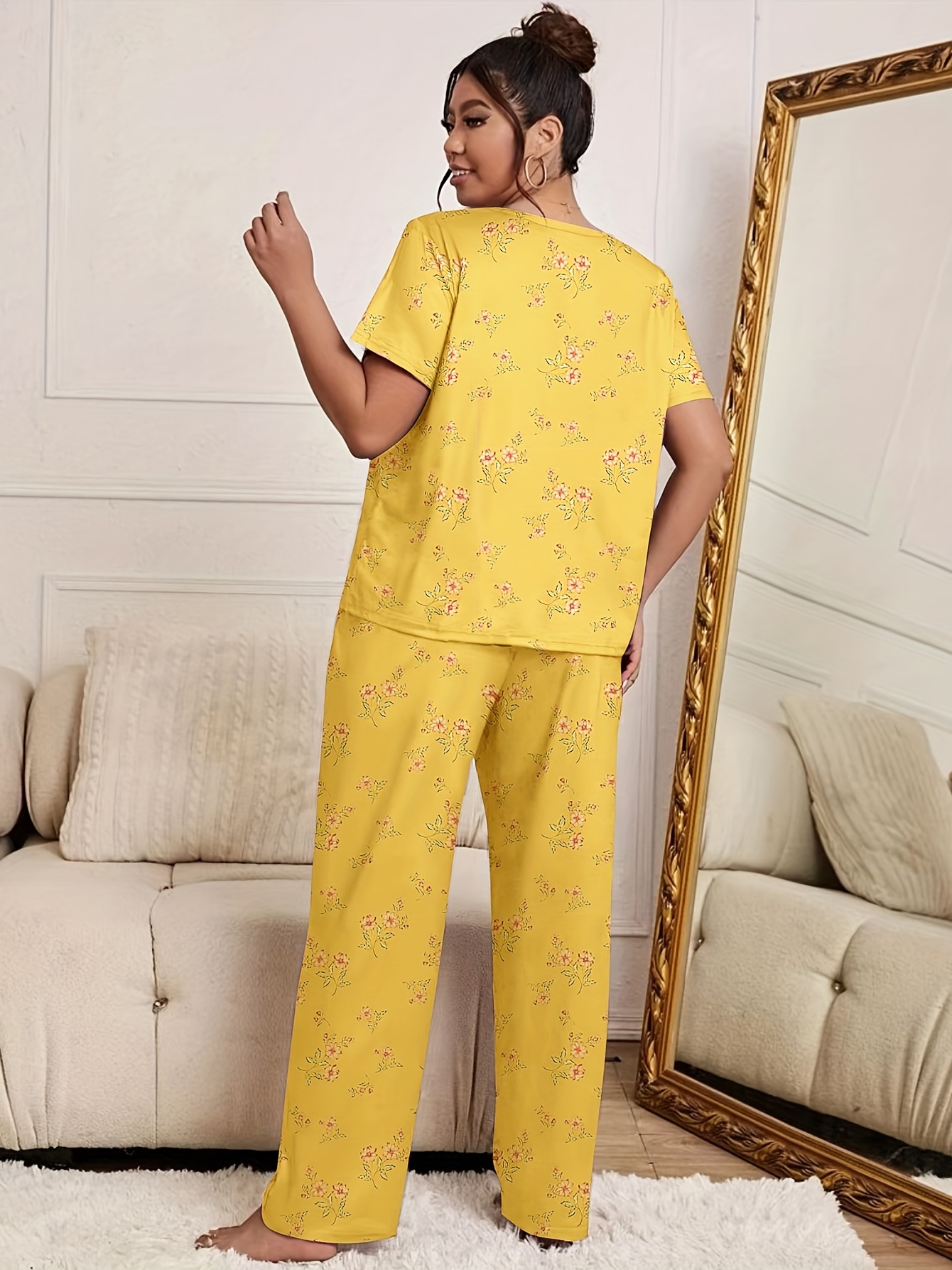 Plus Size Casual Pajama Set Women's Plus Ditsy Floral Print - Temu