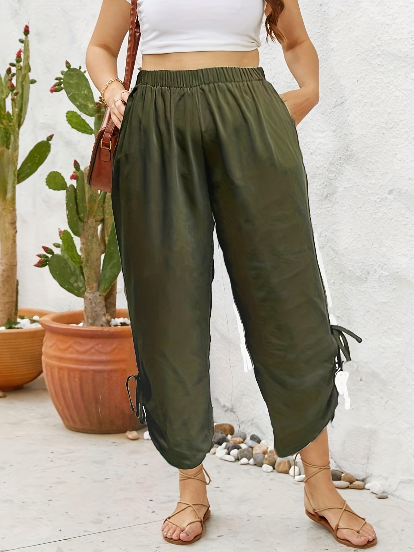 Plus Size Casual Pants Women's Plus Solid High Rise High - Temu