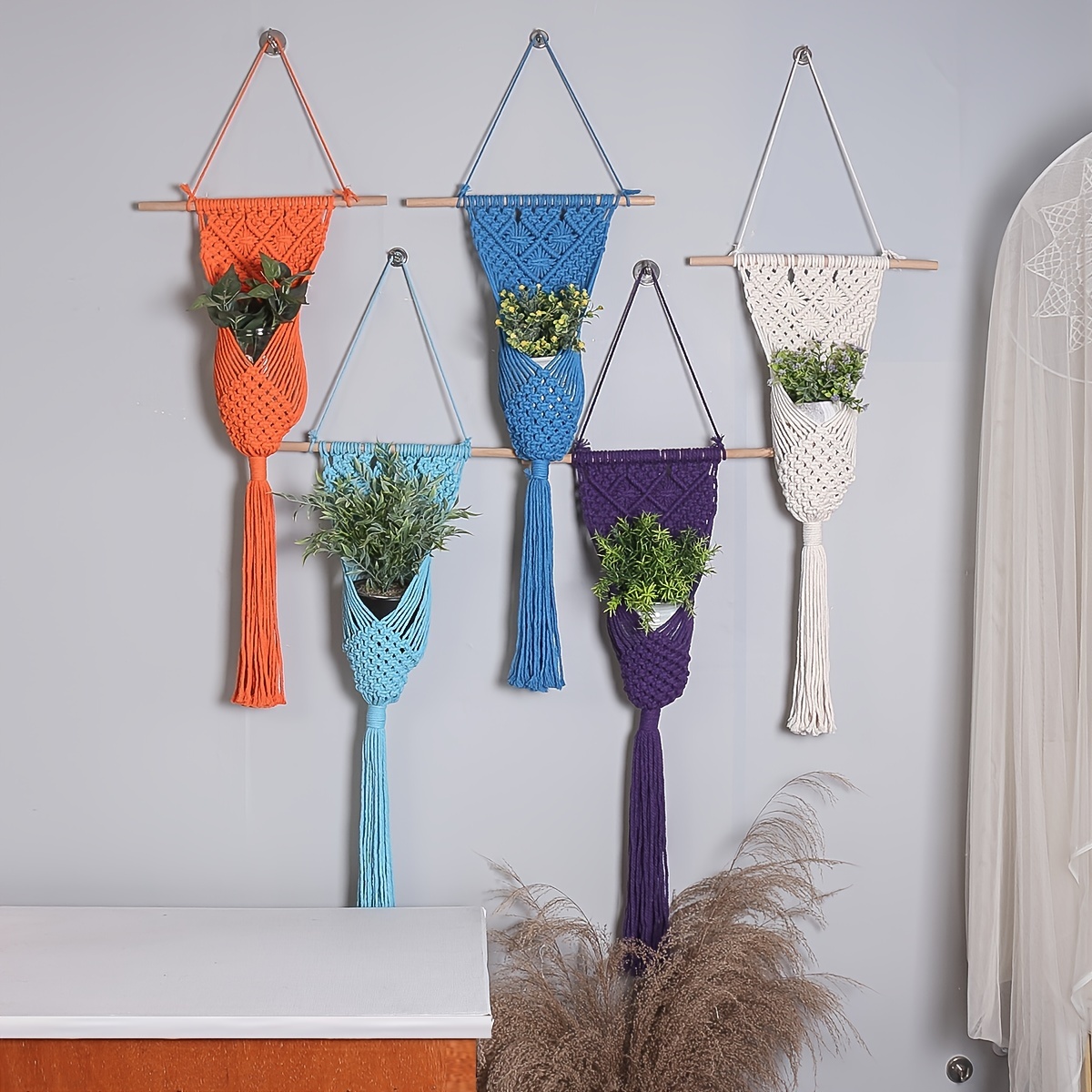 1pc Colorful Bohemian Style Handwoven Cotton Rope Hanging Basket Storage Crafts Home Wall Decoration