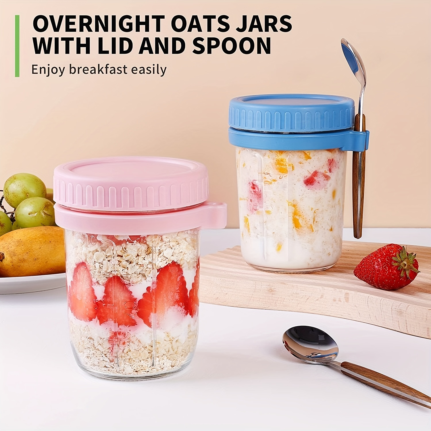 4 Pack Overnight Oats Containers with Lids and Spoons, 16 Oz Glass Maso