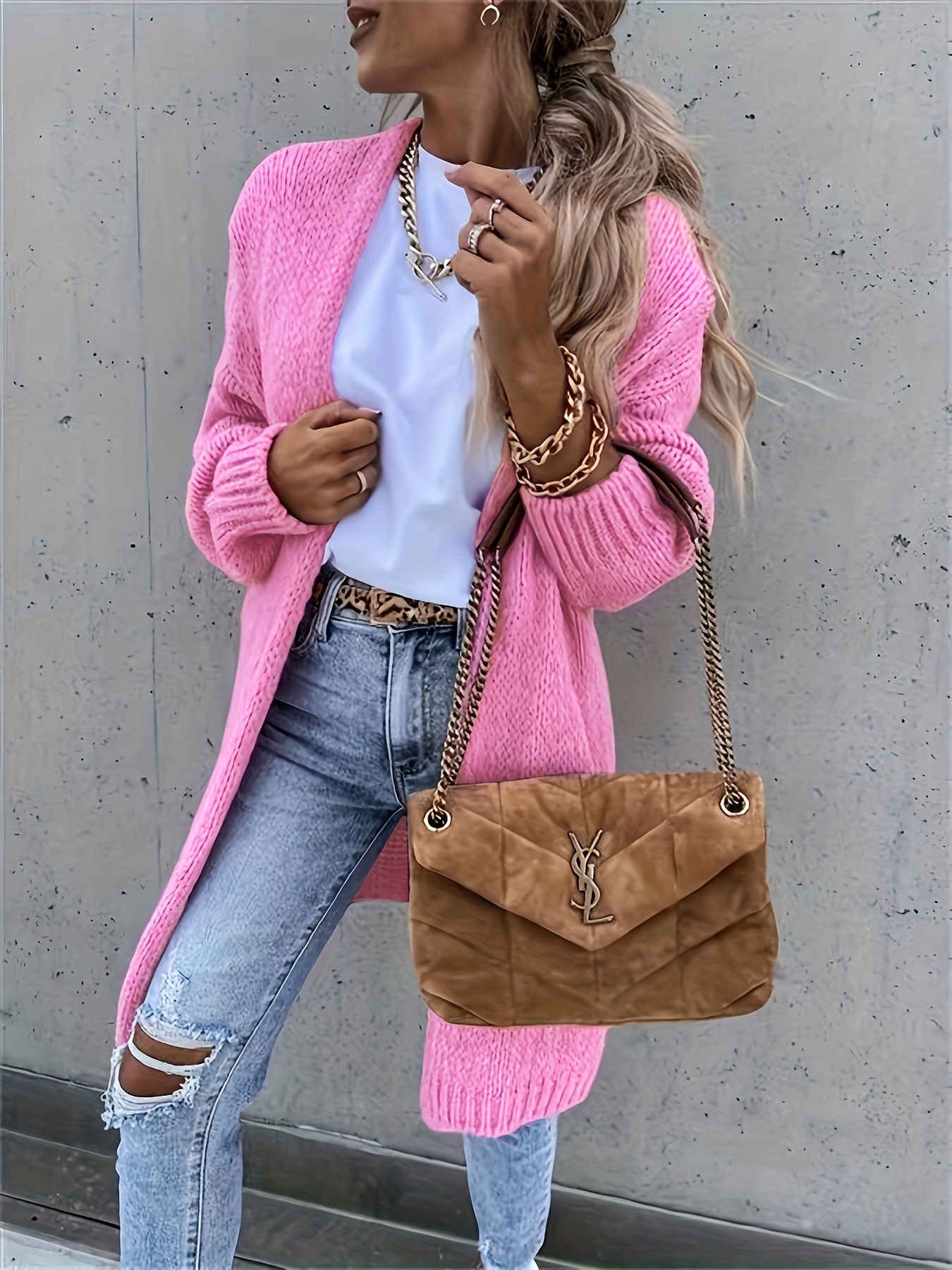 Solid Open Front Knit Cardigan Casual Long Sleeve Length - Temu