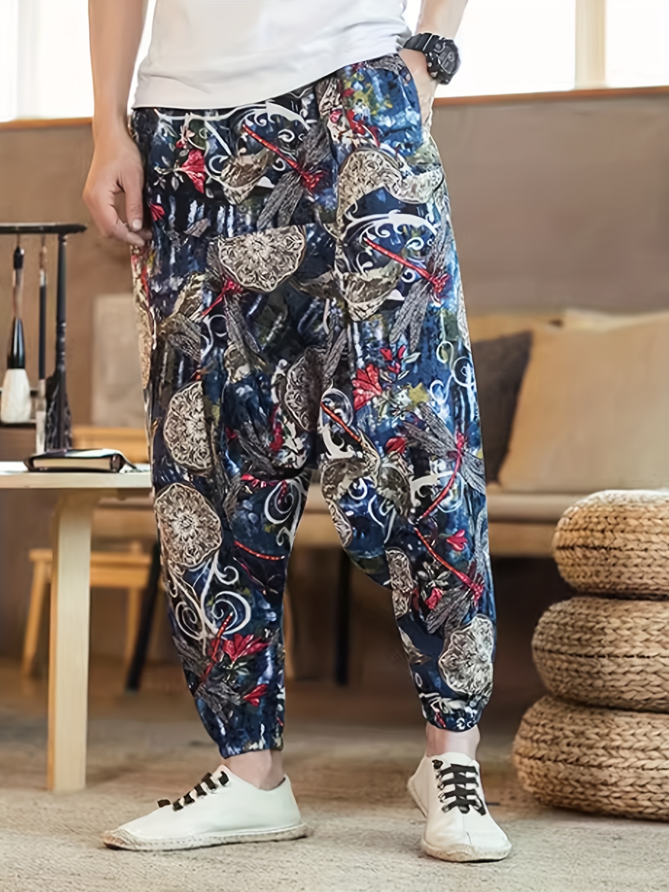 Ethnic Pattern Vintage Cotton Harem Pants Men's Casual Drop - Temu