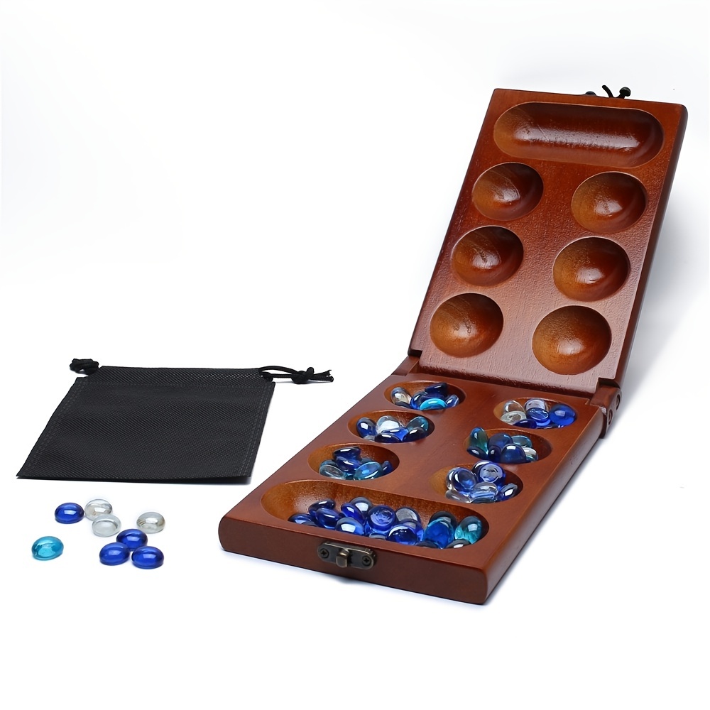 Mancala Board Game Set - Folding Rubber Wood Board - 72+8 Bonus