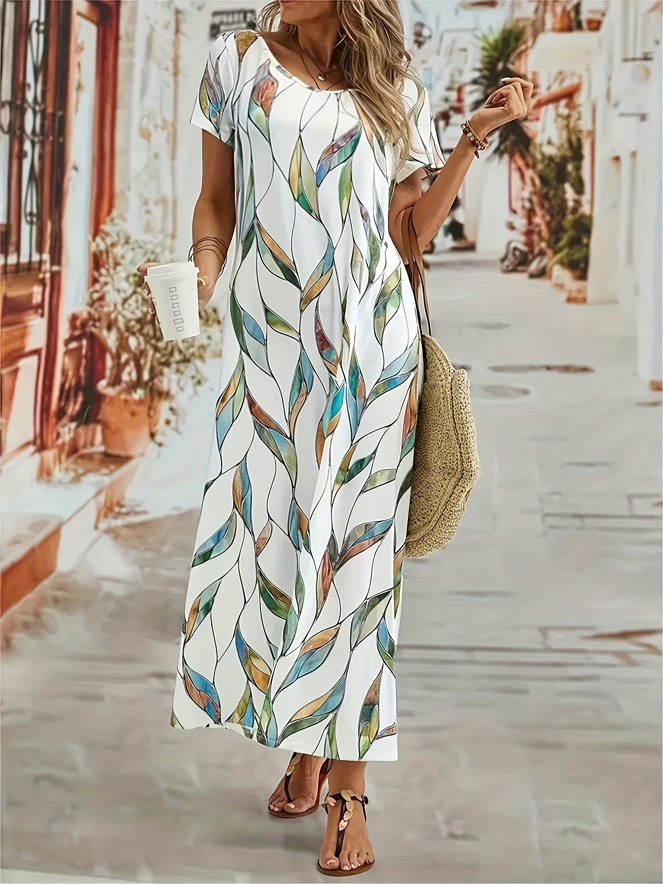 Plus size leaf print maxi clearance dress