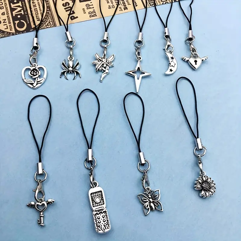 10pcs Assorted Shaped Silvery Pendant Charms Silver Plated Cell Phone  Lanyard Pendants For Jewelry Making