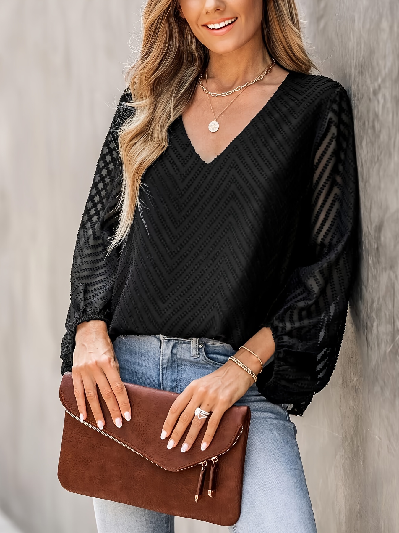 Solid Color V Crew Neck Blouse Casual Lantern Sleeve Blouse - Temu Canada