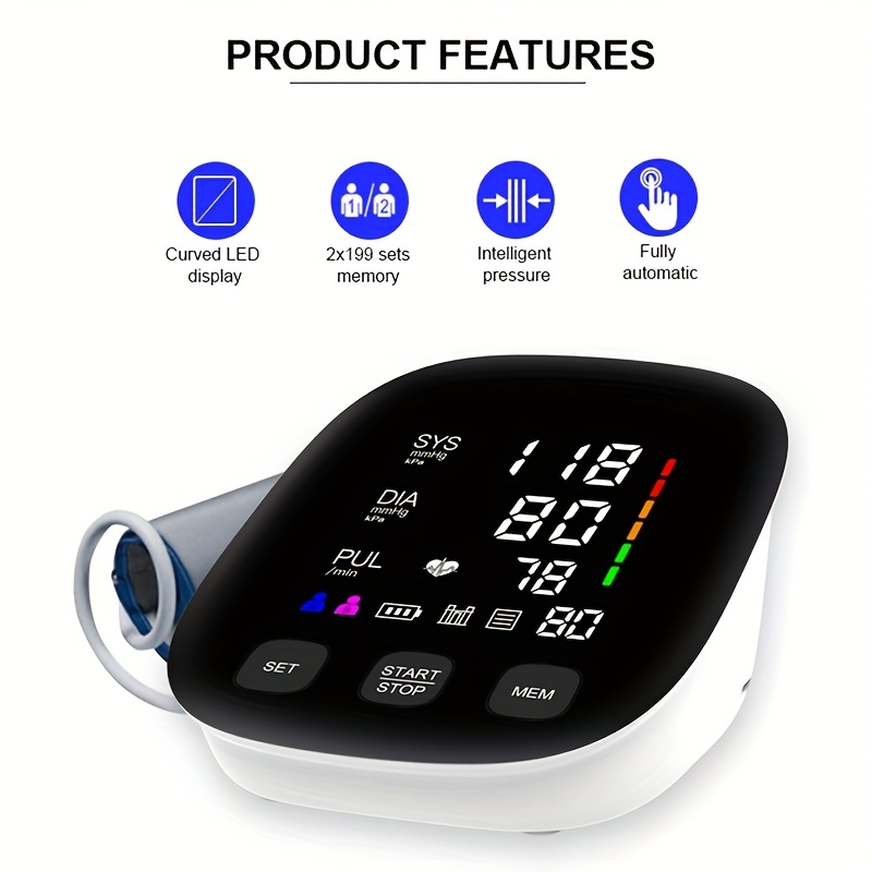 Blood Pressure Monitor - Automatic Upper Arm Blood Pressure Machine -  Adjustable Digital Blood Pressure Cuff Kit With Large Lcd Display, 2*100  Memory (battery Not Included) - Temu