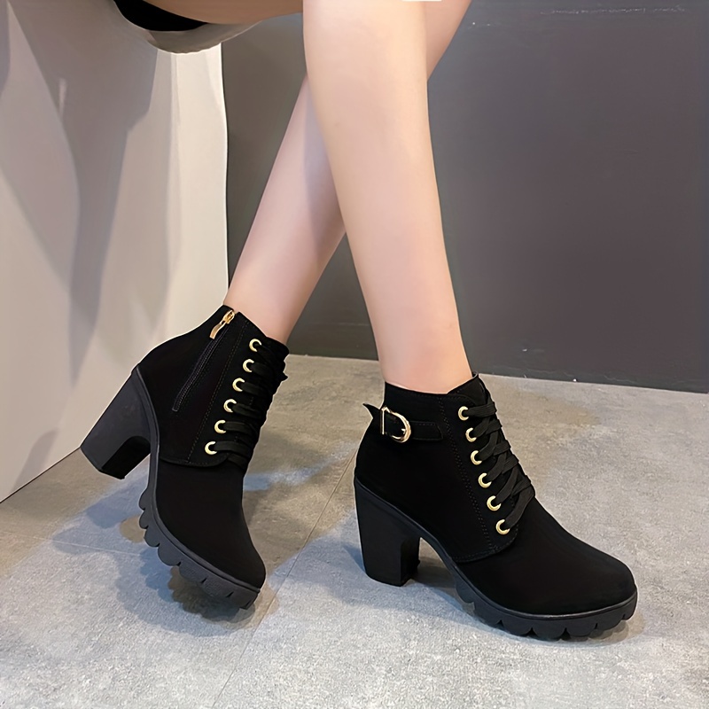 Women's Platform Block High Heels Ankle Boots, Black Round Toe Lace Up  Ankle Buckle Strap Pumps, Fashion Party Motorcycle Short Boots - Temu