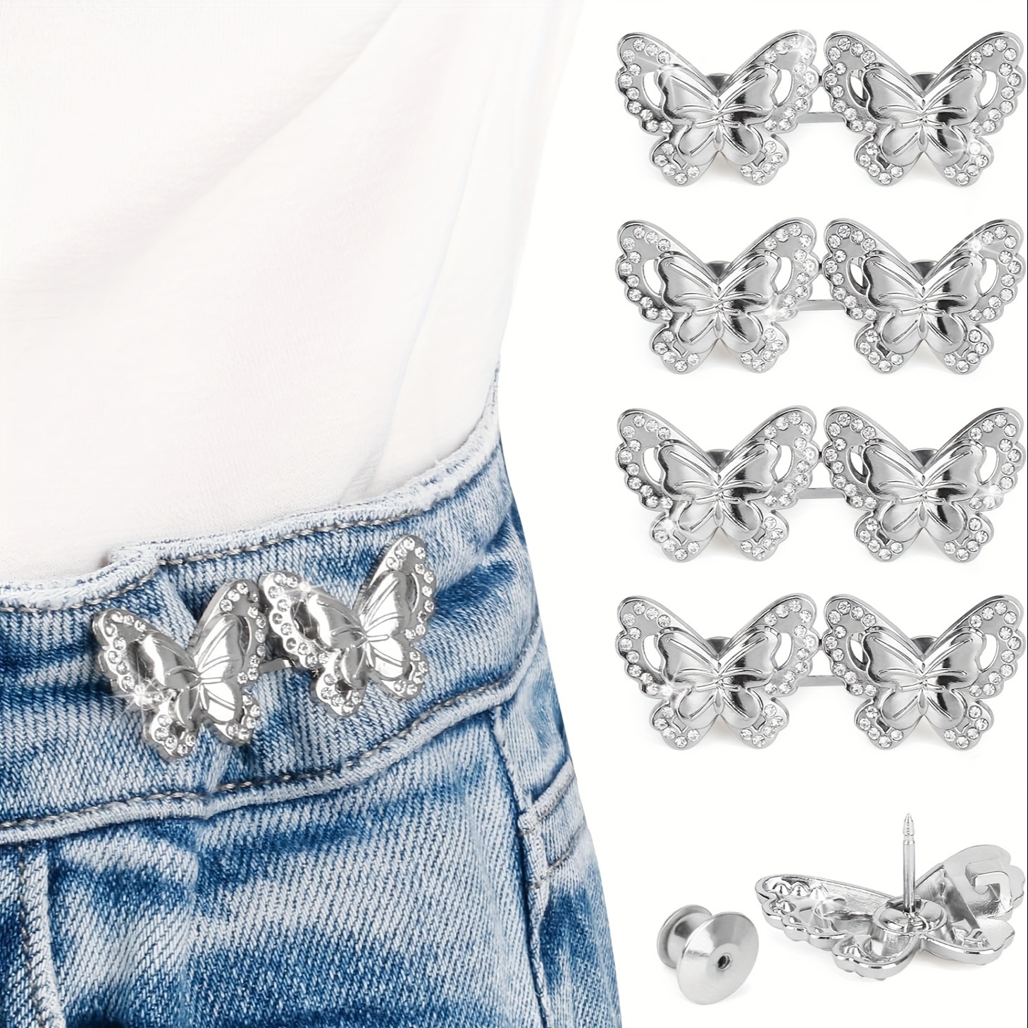 Faotup 8PCS Daisy and Butterfly's Pant Clips for Waist Tightener,Adjustable  Waist Buckles,(Black and White Daisy Type Each Two,Gold and Silver