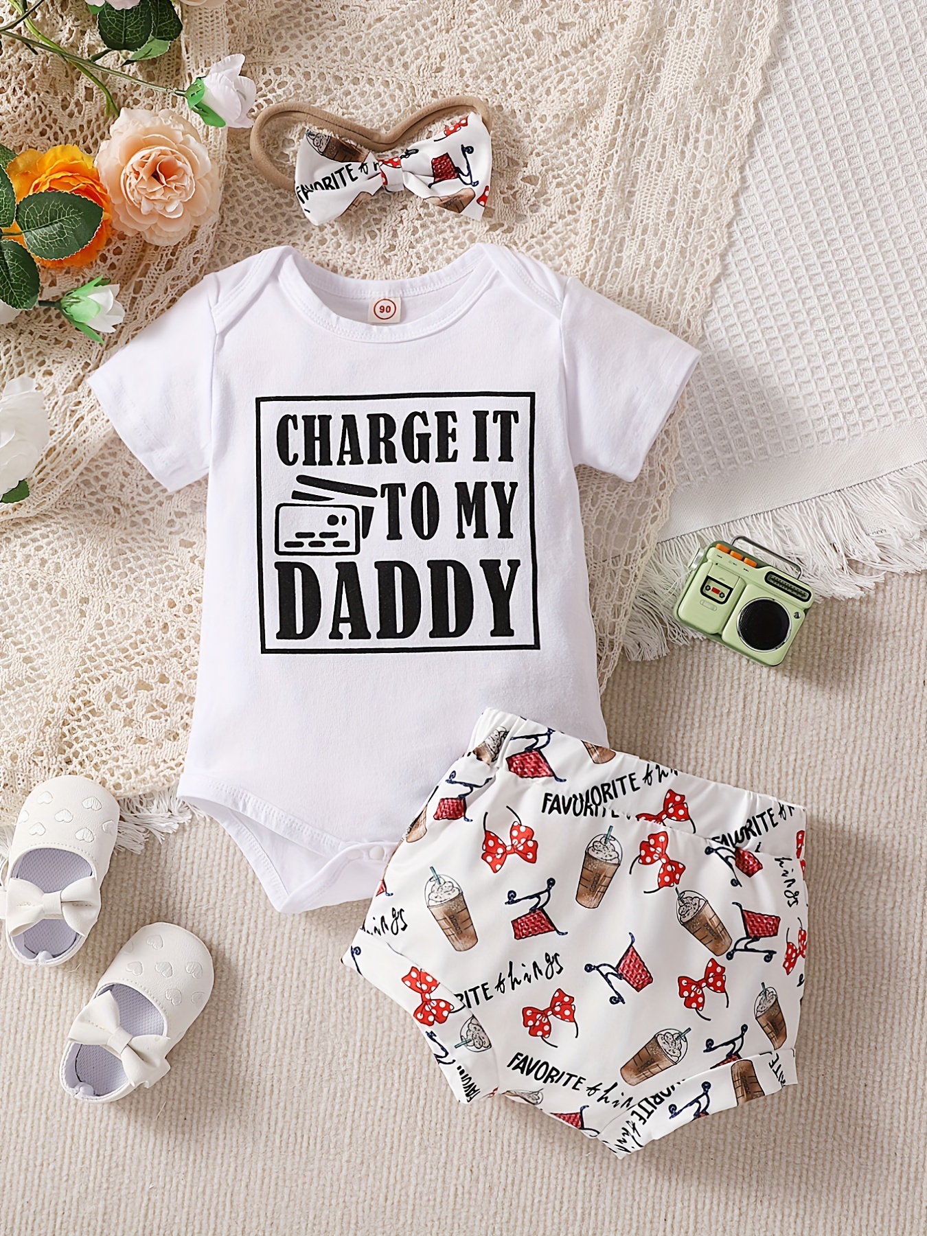 3pcs Baby Girls Charge It To My Daddy Short Sleeve Onesie & Shorts & Hair  Tie Set Clothes