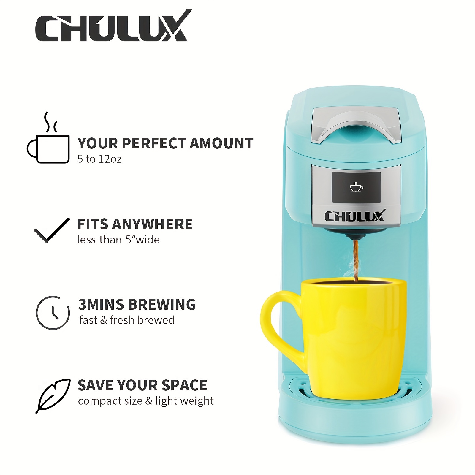 Chulux Single Cup Coffee Maker Machine,12 Ounce Pod Coffee Brewer,One Touch Function for Brewing Capsule or Ground Coffee,Cyan