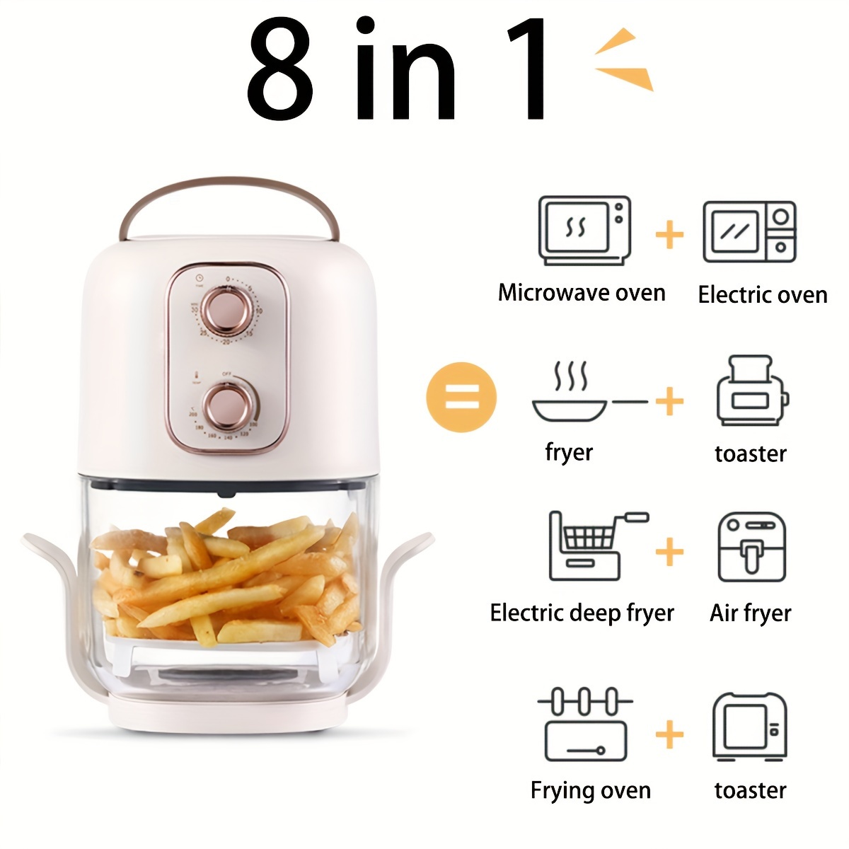 Air fryer or free oil machine with french fries on basket with small plant  and wooden table of the modern interior design kitchen, illustration created  by generative AI. Stock Illustration