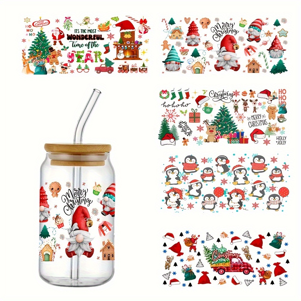  UV DTF Cup Wrap Cute Christmas Theme Stickers for Glass Cups 3D  Waterproof Rub on Transfers for 16OZ Libbey Glass Cups Furniture Crafting 6  Sheets