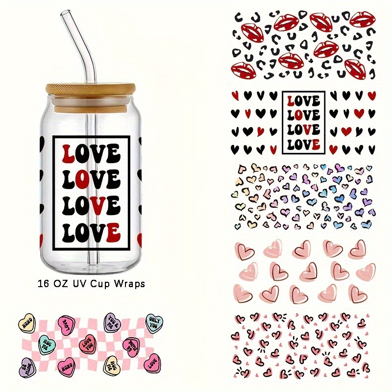 1pc Valentines Day Design UV DTF Cup Wraps For 16 Oz Glass Cup, UV DTF Cup  Wraps, Cup Wraps For Glass Cups, Wraps For Cups, Glass Stickers For Cups