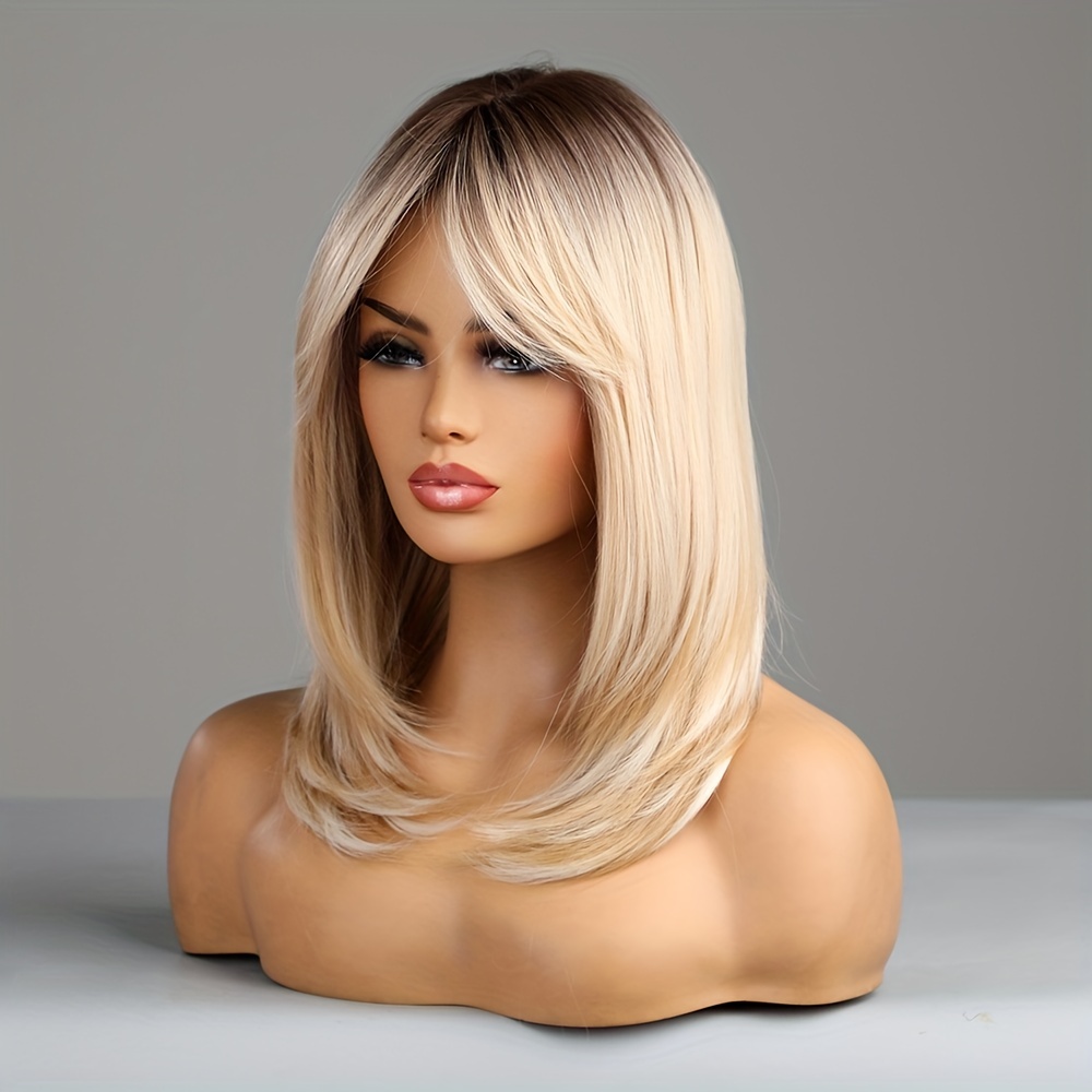 Blonde Ombre Short Straight Layered Wig Bangs Synthetic Wig Temu