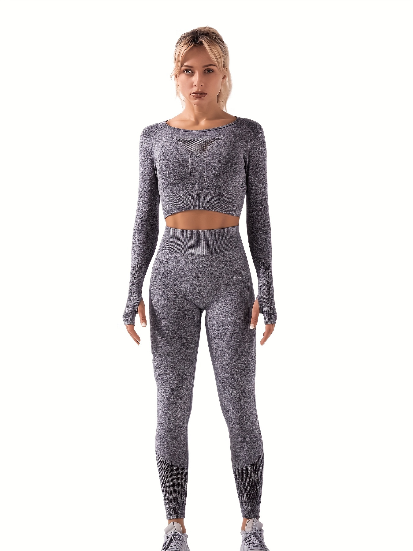 Conjunto de entrenamiento de 2 piezas para mujer, leggings sin costuras y  manga larga, conjunto de ropa deportiva para yoga