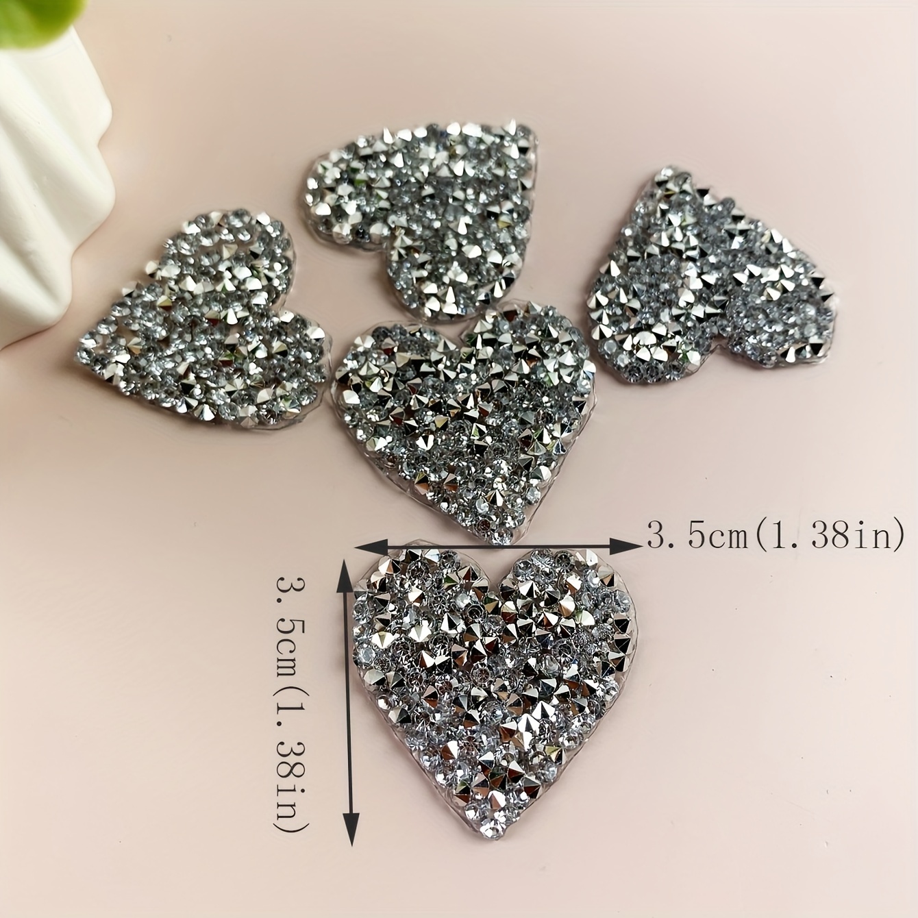 Image of 5pcs 1.38*1.38in Silvery Love Rhinestone Crystal Sticker Back Adhesive Hot Rolled Diamond For Sewing Clothing Patch Accessories