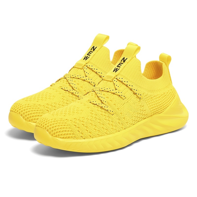 boys casual simple woven knit sneakers lace up breathable lightweight walking shoes for outdoor sports yellow details 9