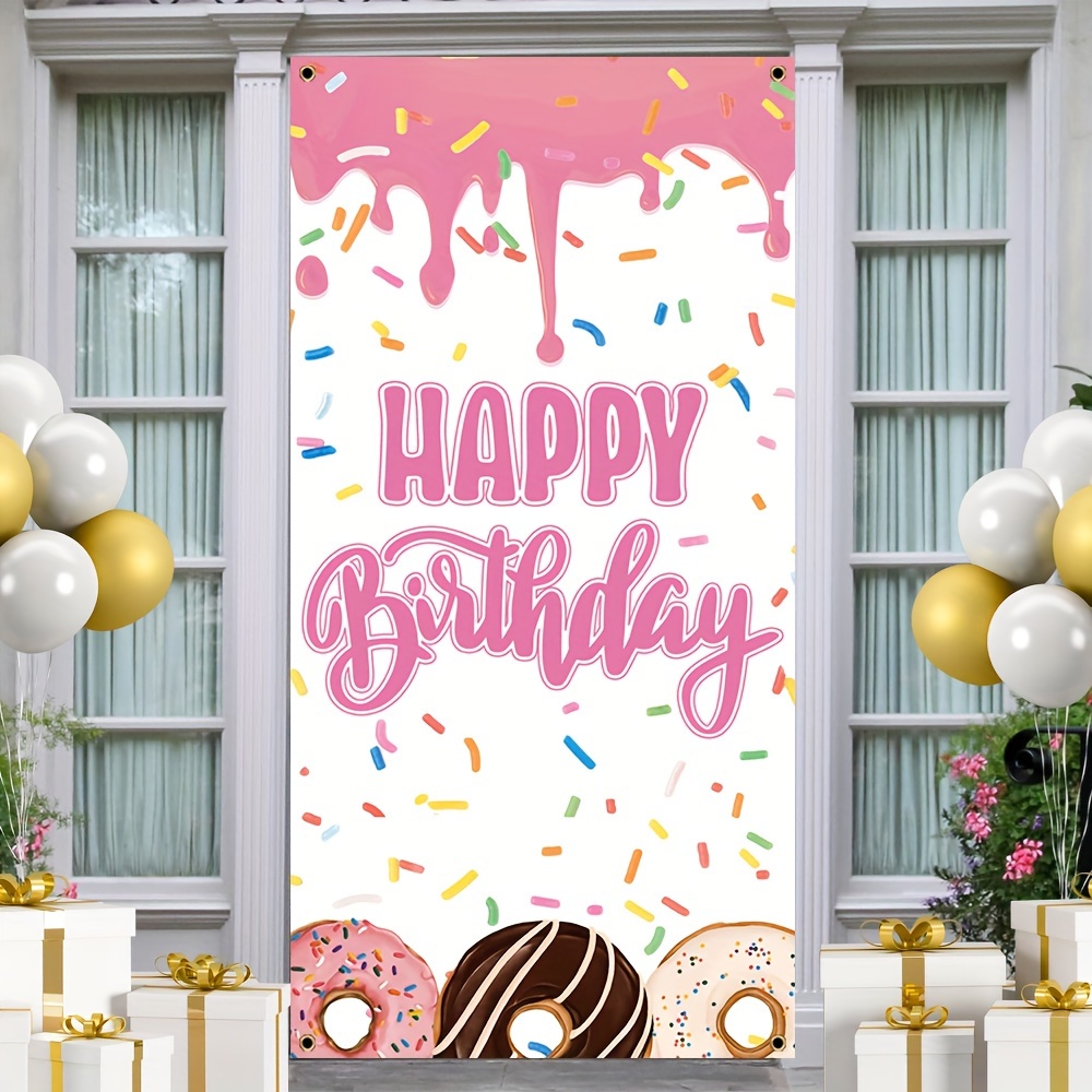 

1pc, Happy Birthday Door Cover Mural Decor, Polyester Donut Cream Background Porch Sign Birthday Party Party Front Door Hanging Indoor Outdoor Banner Home Decor 70x35 Inch