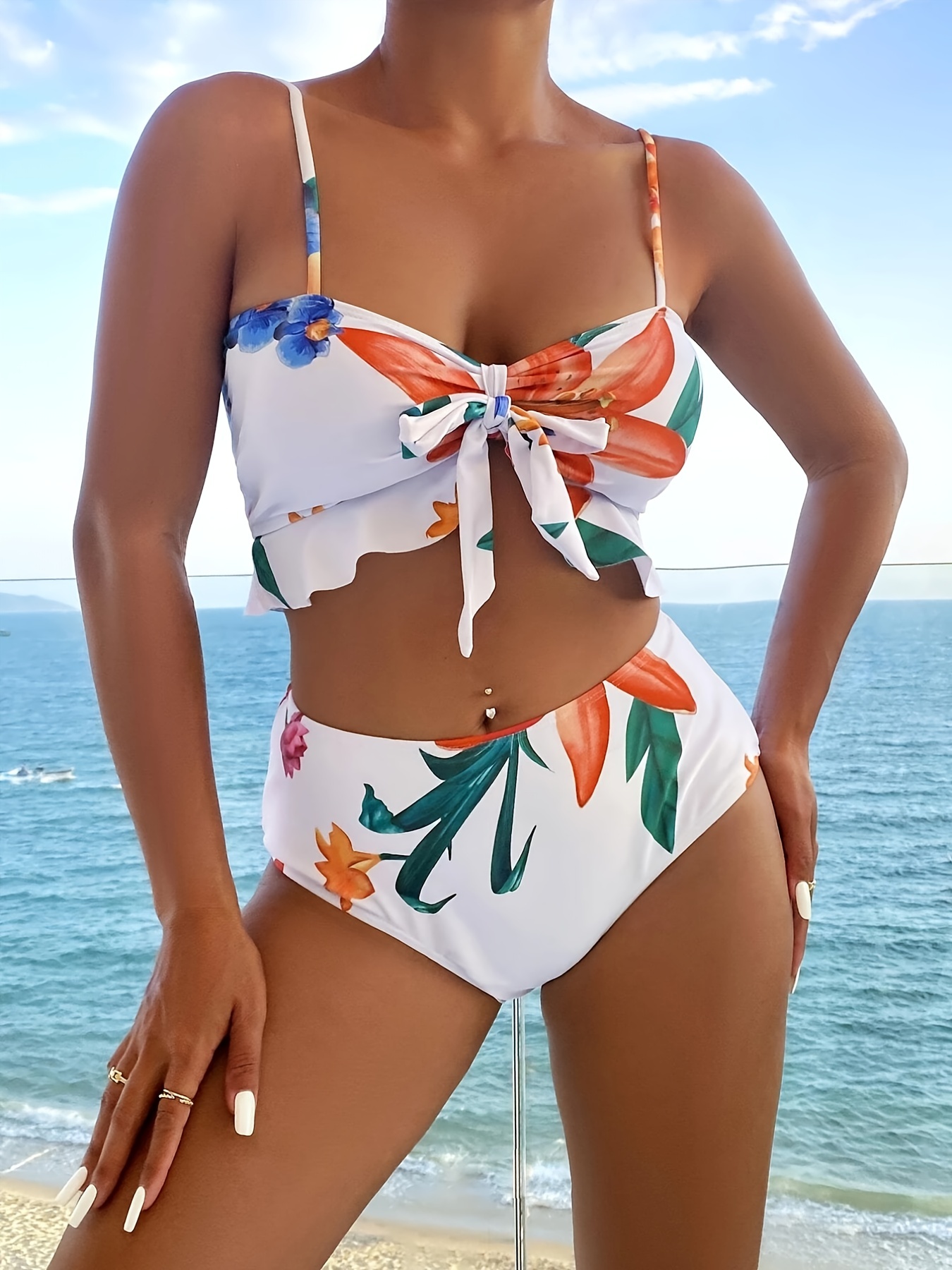 Floral Print Bikini Sets Tie Front Lettuce Trim High Cut - Temu