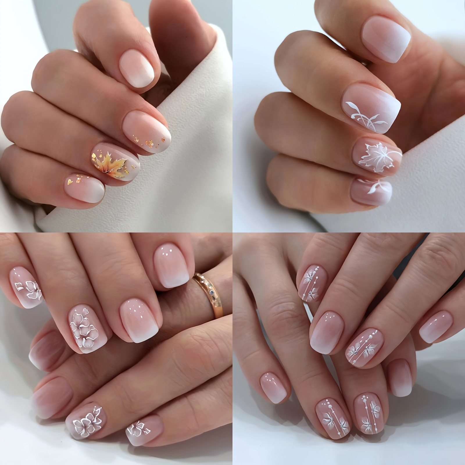 

4 Packs (96 Pcs) Glossy Short Square Press On Nails, Nude White Gradient Fake Nails With Flower, Maple Leaf Design, Sweet False Nails Valentine's Day For Women Girls For Easter
