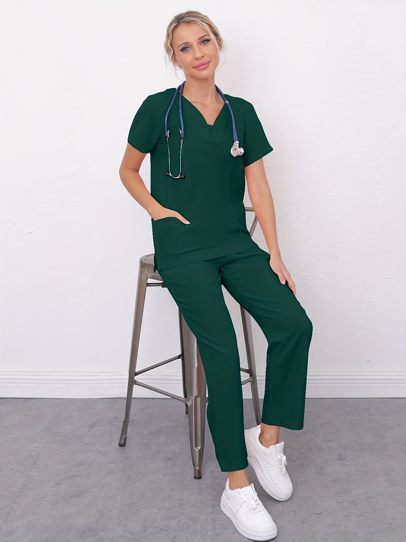 Pocket Nurse Uniform T-Shirt Pant Coverall Workwear Suit V-neck Scrub Suit  Women