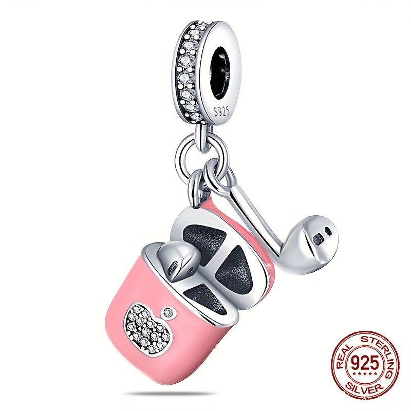 

1pc S925 Sterling Silver Pink Headphones Listening To Music Pendant Beads Suitable For Original Bracelet Diy Women's Jewelry Birthday Engagement Gift