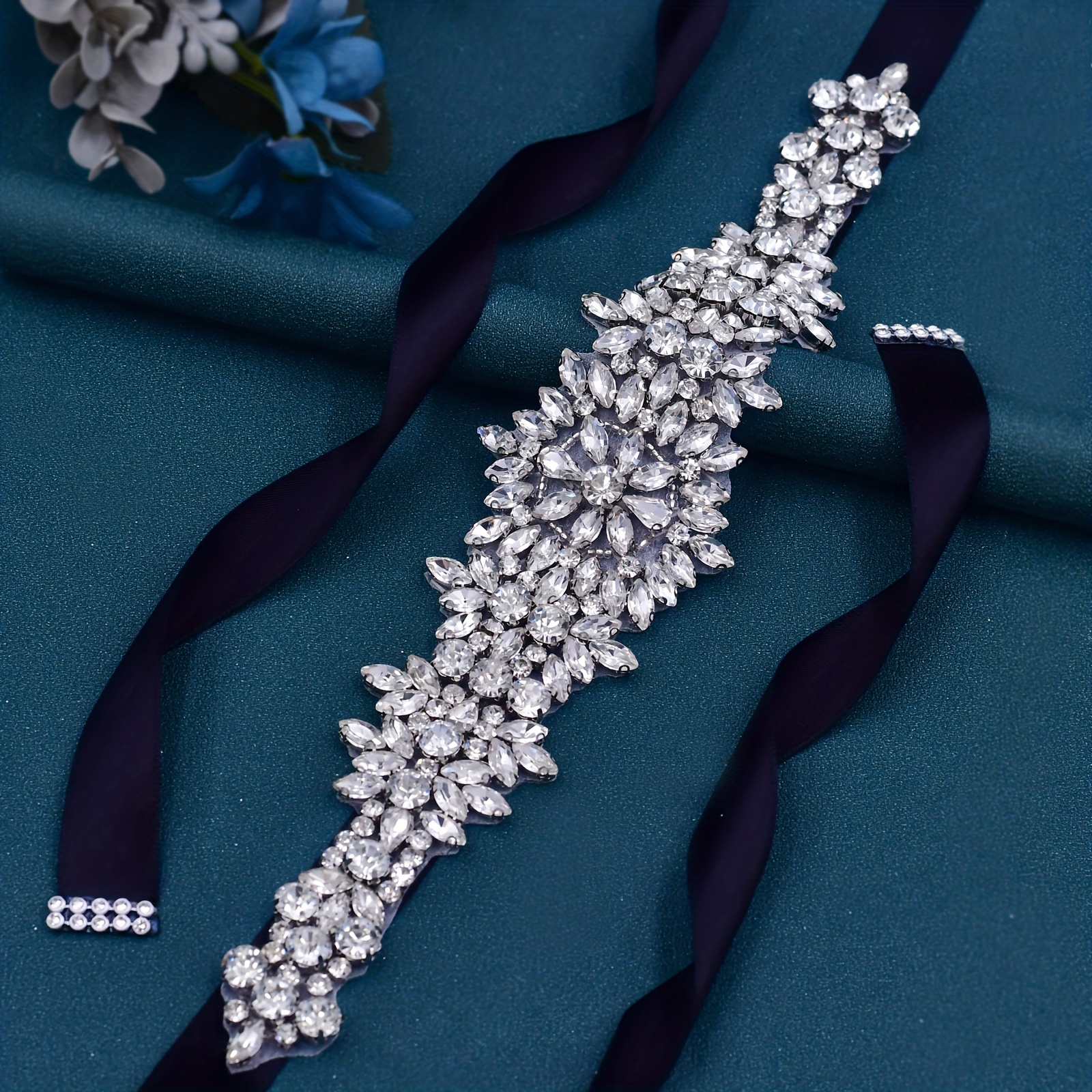 Shiny Rhinestone Flower Sash Belts Elegant White Ribbon - Temu Canada