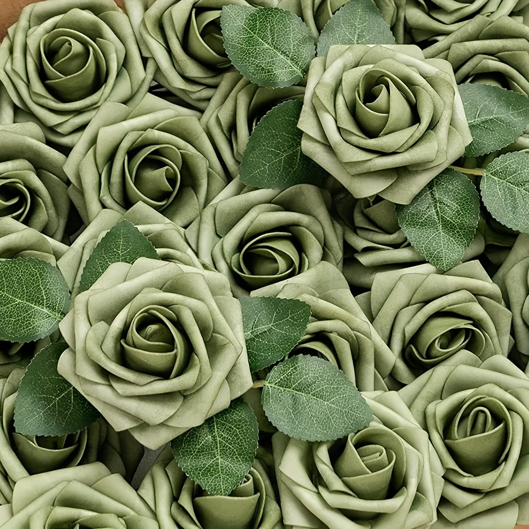 

25pcs Elf Green Roses, Artificial Flowers Arrangement, Vintage Style Foam Fake Roses For Diy Bouquets, Wedding Birthday Party Supplies, Holiday Ornaments