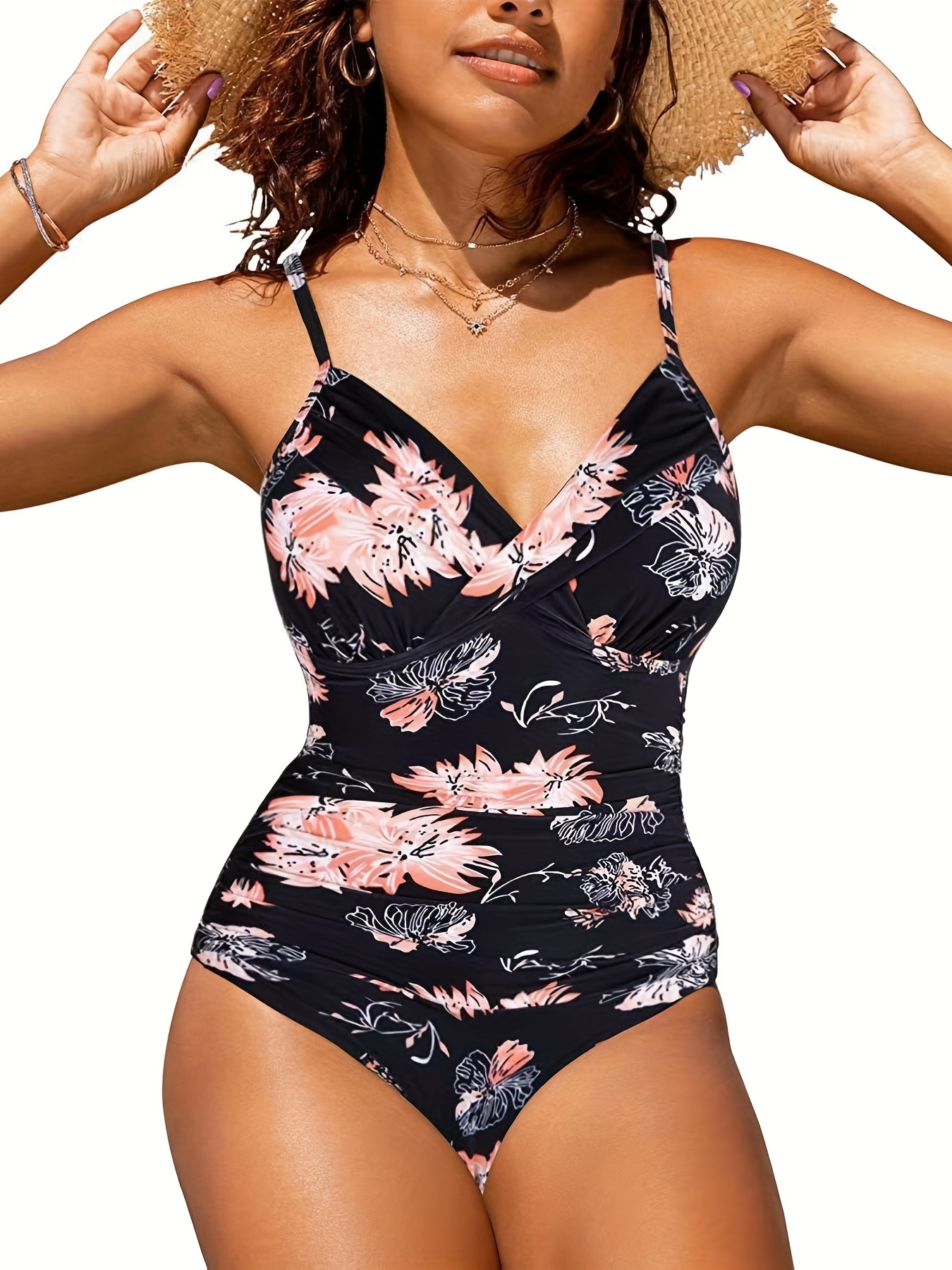 Floral Print V Neck Ruched One Piece Swimsuit Tummy Control - Temu New  Zealand