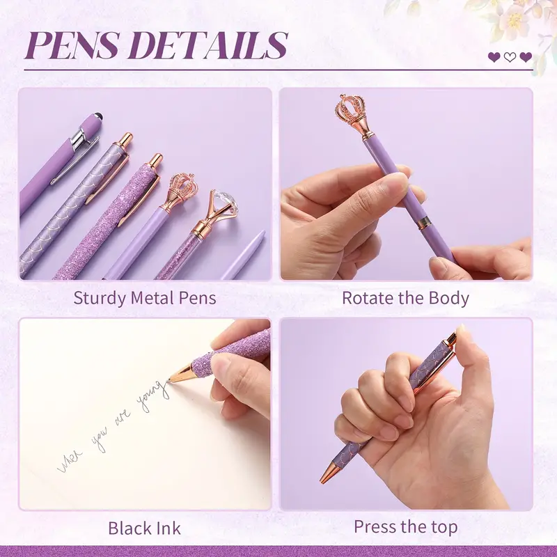 6pcs Ballpoint Pens Set Metal Crystal Pen For Journaling Glitter Pens  Pretty Cute Pens Black Ink Fancy Pens Gifts For Women Girls Teacher Office  Weddi