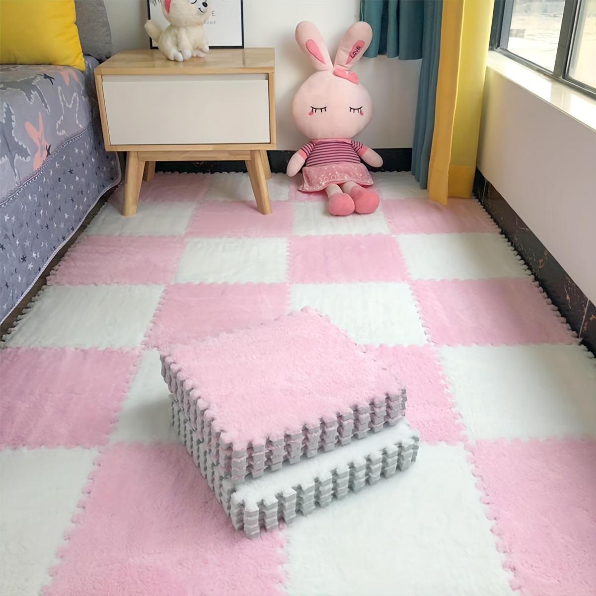 Thickened Soft Shaggy Foam Floor Tiles Mat 12x12x0.4 Square Plush  Interlocking Climbing Carpet Mat Anti-Slip Play Puzzle Area Rugs for Home