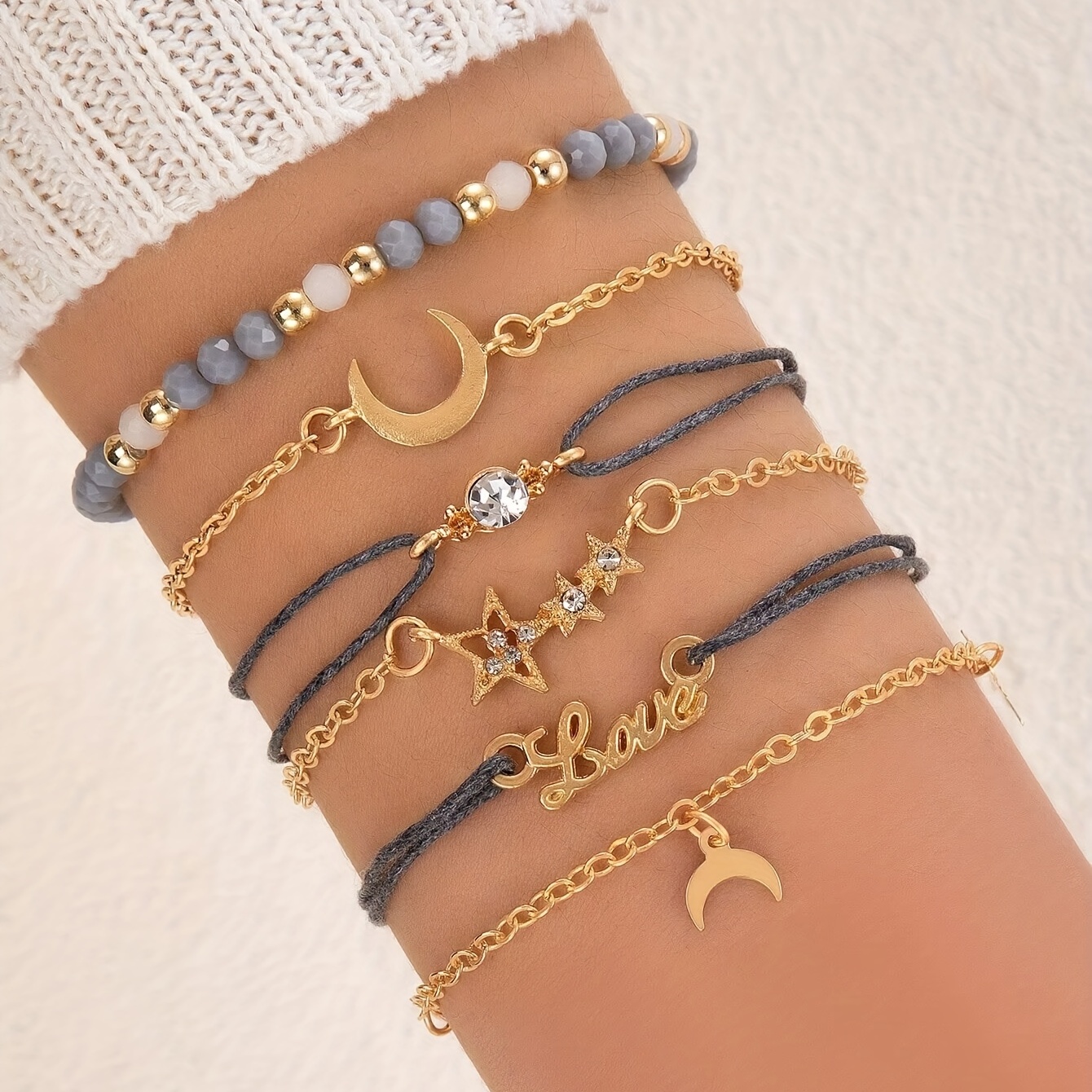 6 Pcs Rope Bracelet Set Adjustable Layered Hand Chain With Moon & Star  Shape Pendant Stackable Hand Jewelry for eid, ramadan