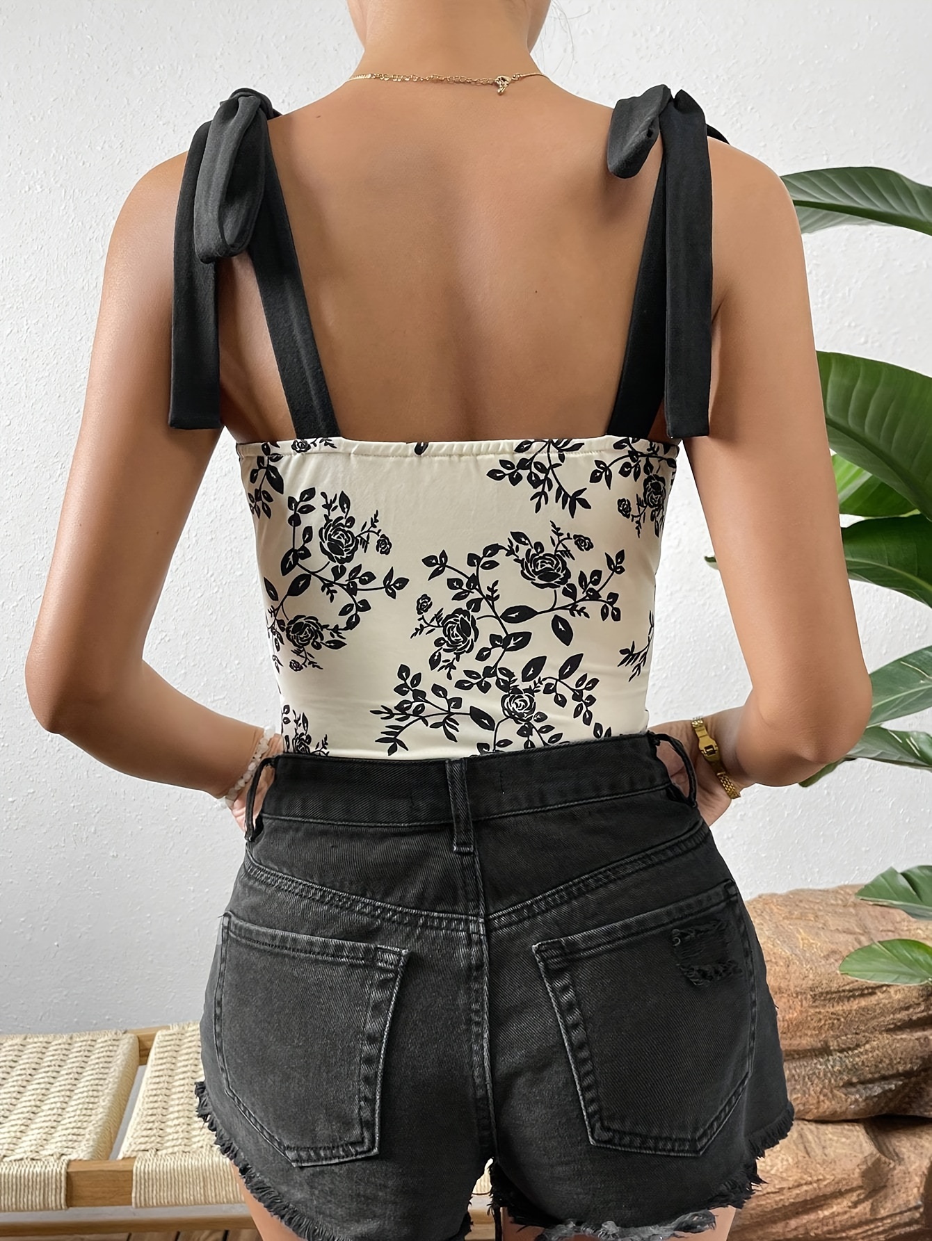 Floral Print Cami Bodysuit Y2k Tie Backless One Piece - Temu Philippines