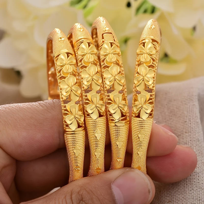 4pcs Gold-Plated Copper Bangle Set, Tribal Luxury Style, Adjustable Open Cuff Bracelets for Women, Daily & Festival Wear, Ramadan Celebration, All-Season Jewelry