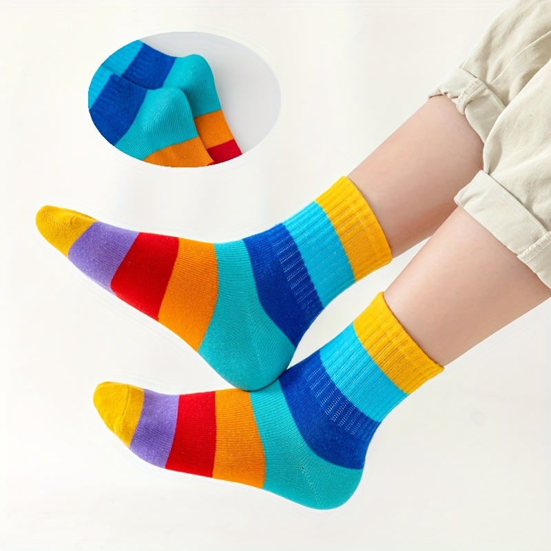 5 Pairs Of Girl's Colourful Rainbow Pattern Crew Socks, Comfy Breathable  Casual Thermal Socks, Winter & Autumn