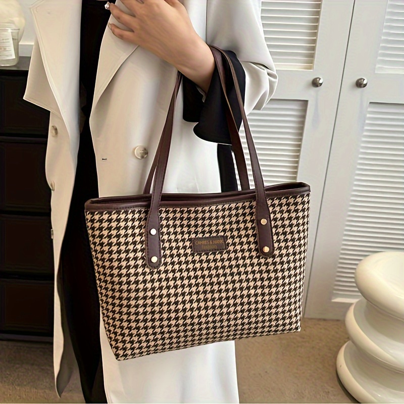 Houndstooth Pattern Large Capacity Tote Bag, Women's Shoulder Bag, Commuter  Bag - Temu