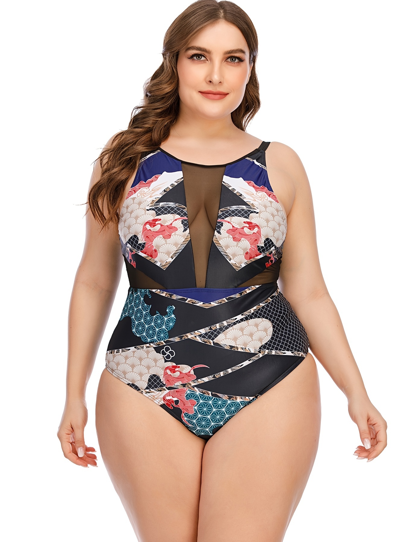 Plus Size Sexy Swimsuit Women's Plus Solid Round Neck Tummy - Temu