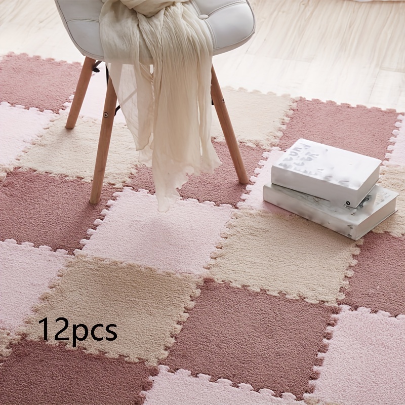 12PCS Plush Puzzle Foam Floor Mat for Kids- Thick Interlocking Fluffy Tiles  with Border Square Rug Split Joint Soft Climbing Carpet Mats Shaggy Area