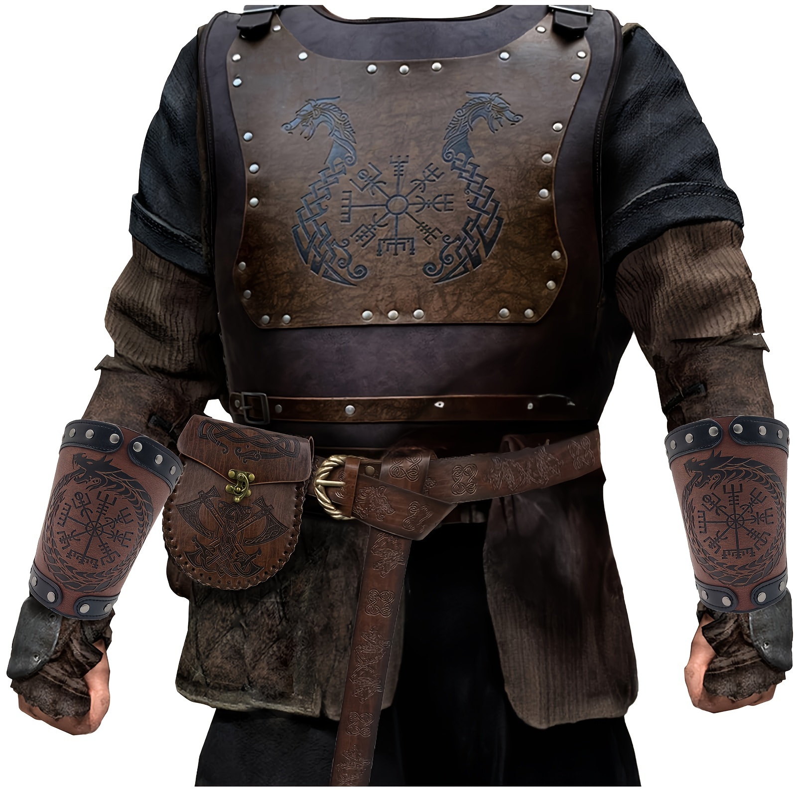 Chaleco de cuero vikingo, armadura de guerrero, hombro, piel sintética,  medieval, vikingo, placa de pecho LARP, fiesta de Halloween