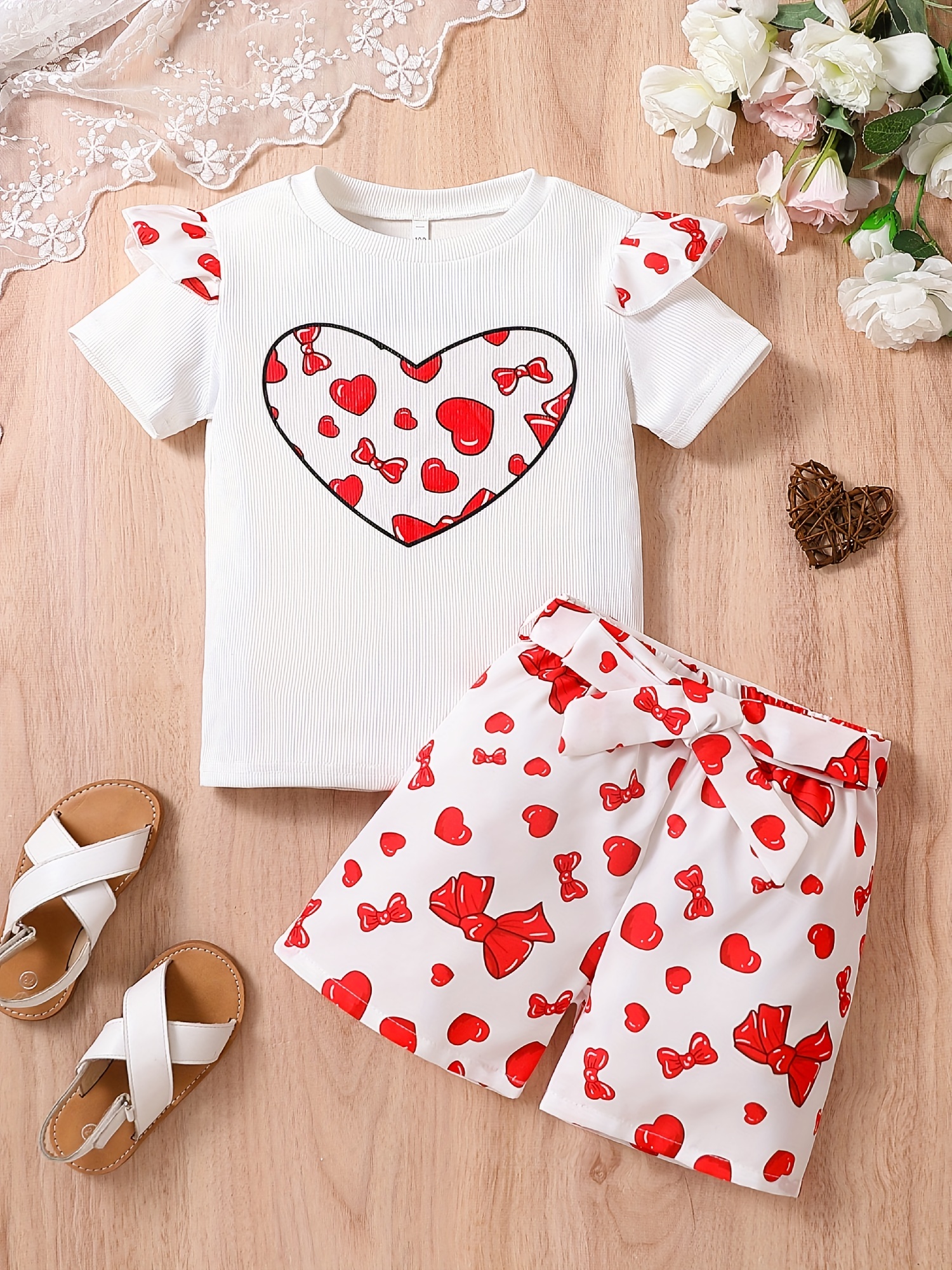 Toddler Girl Graphic Wave Point and Letter and Heart Print Ruffled Short-sleeve Tee