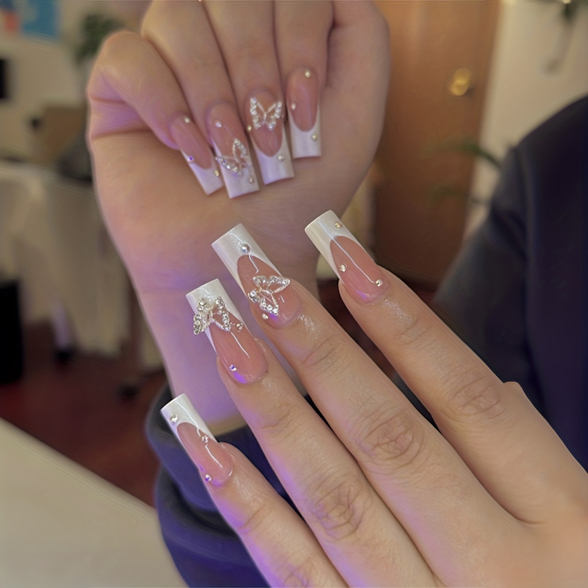 Glossy Ballerina Fake Nails Long White French Tip - Temu