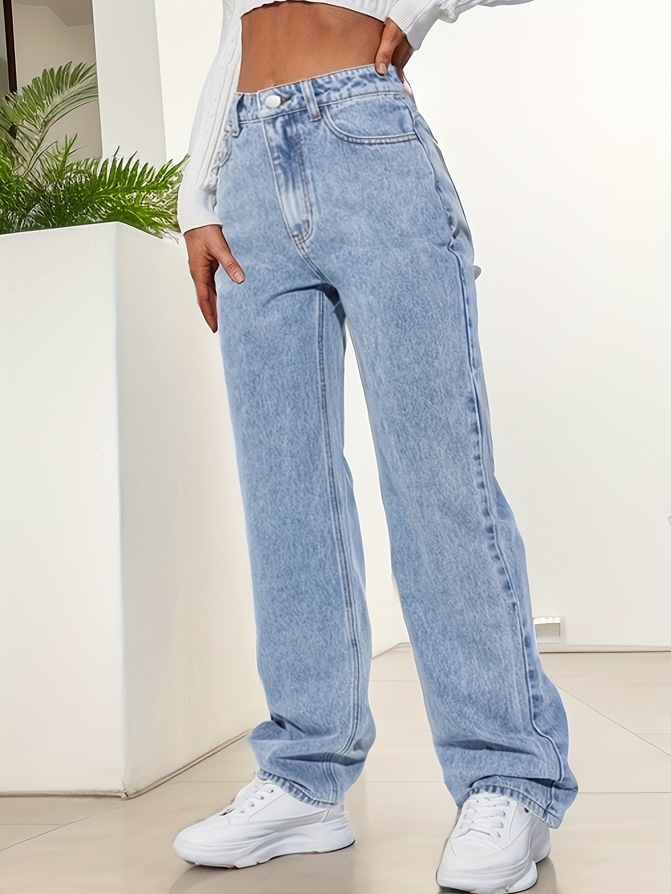 Blue Waist Capris Straight Jeans Loose Fit Slant Pockets - Temu