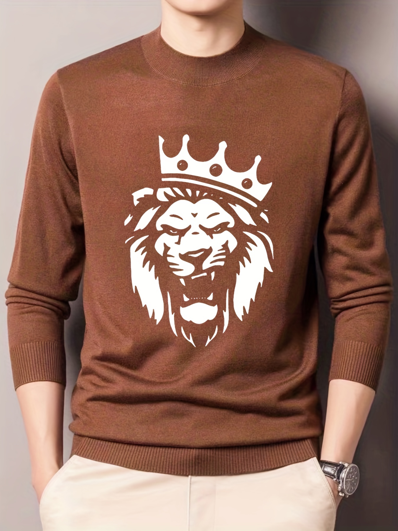 Khaki Round Neck Tiger Face Pattern Jumper Sweater -SheIn