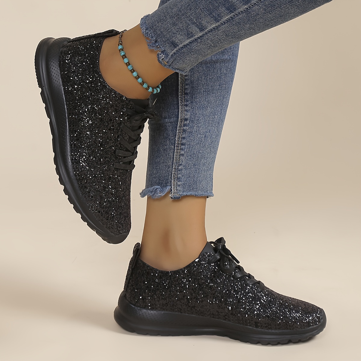 Solid Color Sequins Glitter Sneakers, Women's Decor Stylish Lace Up Lightweight Sport Shoes,Women Tennis Shoes,Temu