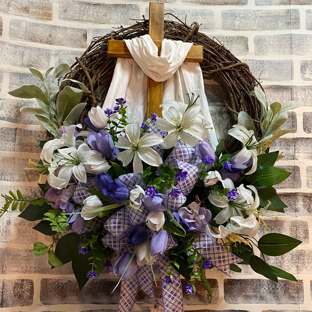 

1pc, Easter Cross Wreath, Easter Wreath, Spring Wreath, Cross Front Door Wreath, Door Hanging Decoration Home Decor Room Decor