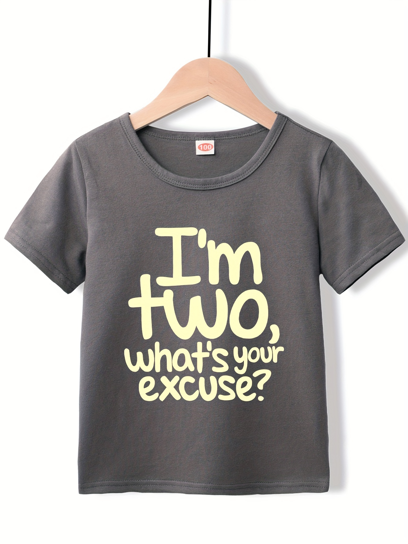 I'm Two What's Your Excuse Letter Print Boys Creative T-Shirt, Blouses, Casual Lightweight Comfy Short Sleeve Tee Tops, Kids Clothings for Summer