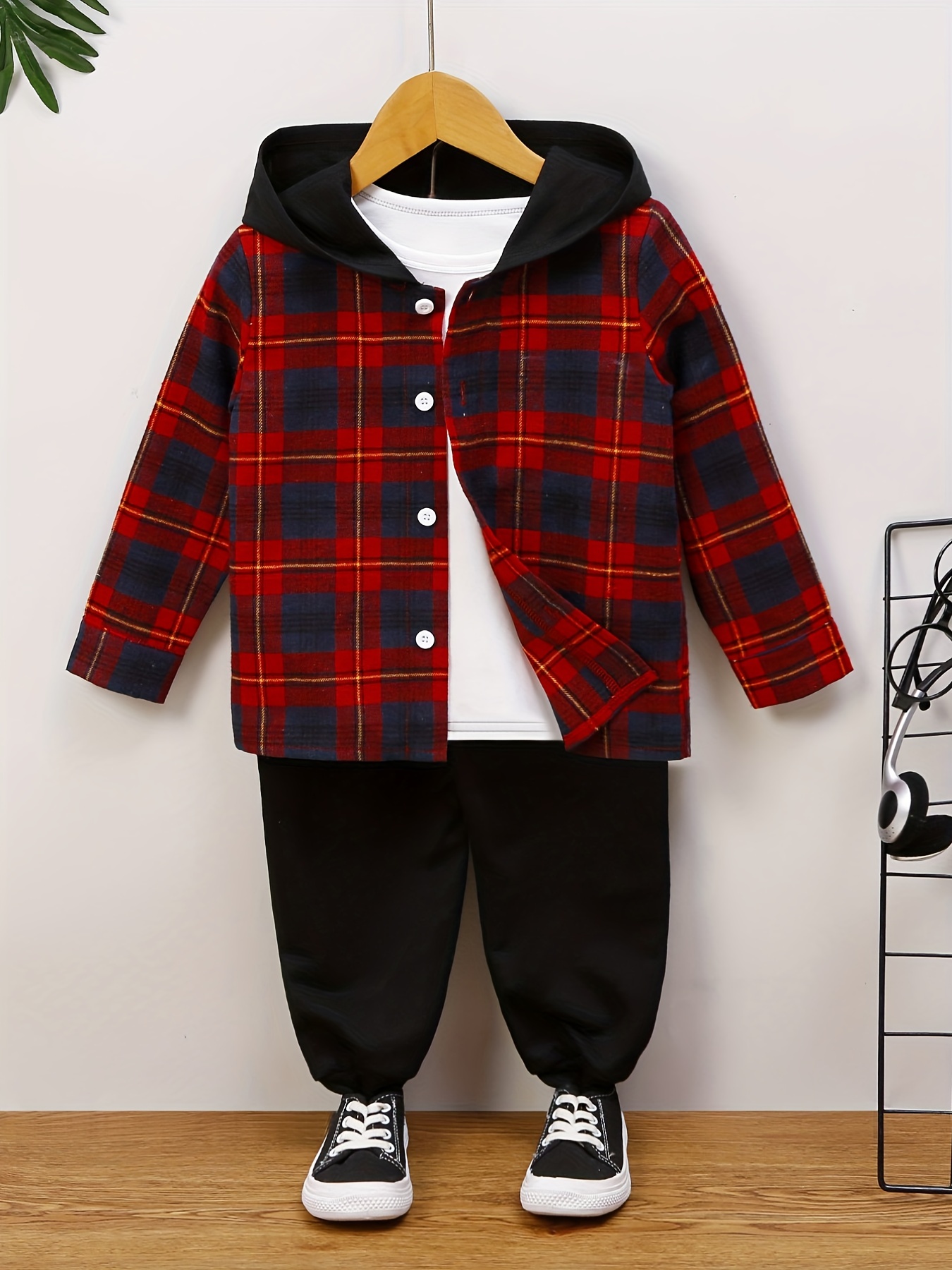Boy's Casual Hoodie Outfit Plaid Pattern Hooded Shirt - Temu