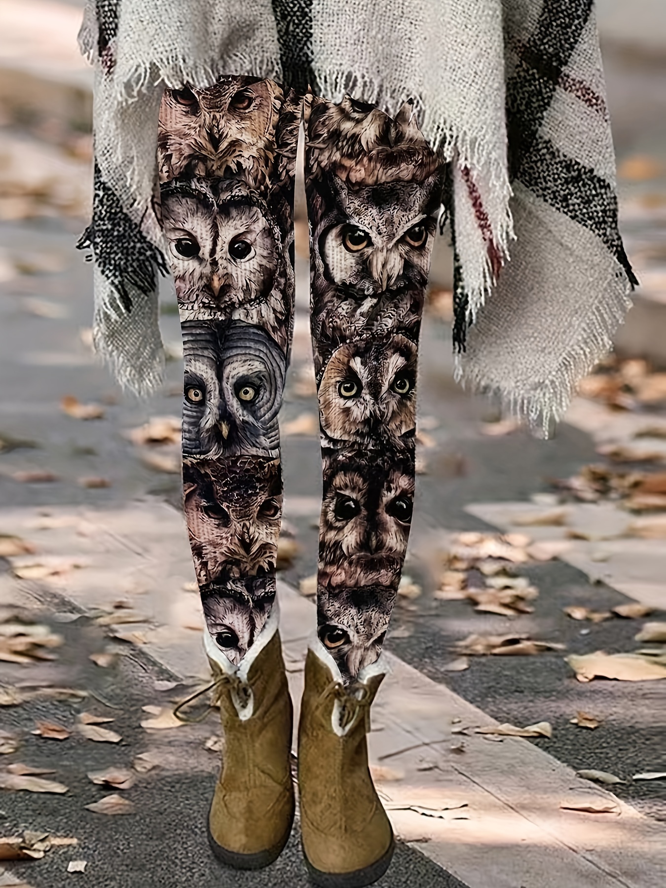 Owl Print Skinny Leggings Casual Elastic Waist Stretchy - Temu