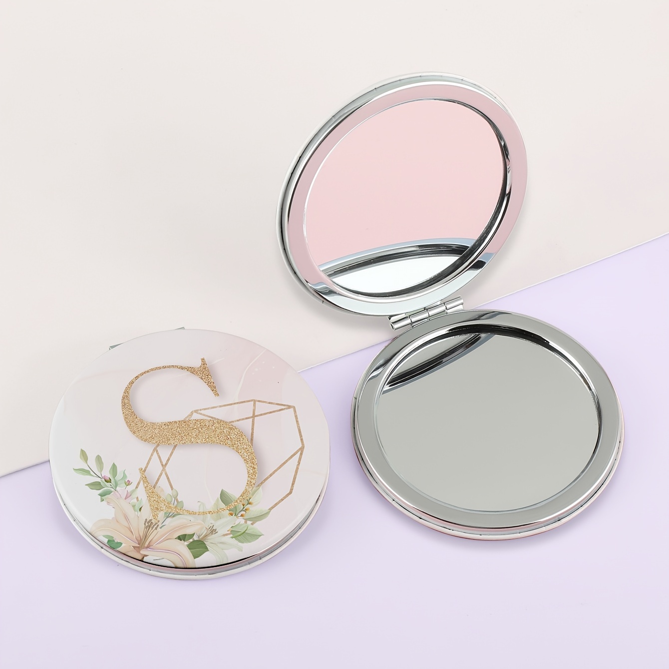 Compact Makeup Mirror Golden Letter S Print Leather Round Double Sided